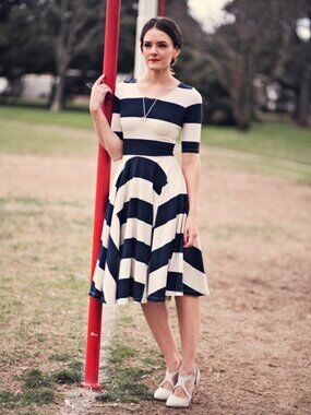 Gorman Australia Navy & Cream Chunky Stripe Midi Skater Dress